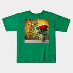 Red Roses and Eucalyptus Leaves in a Patterned Vase Kids T-Shirt
